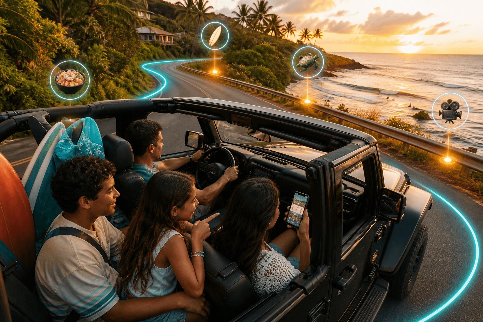 A family exploring Oʻahu in an open Jeep with automatic GPS stories, trivia, and discovery challenges