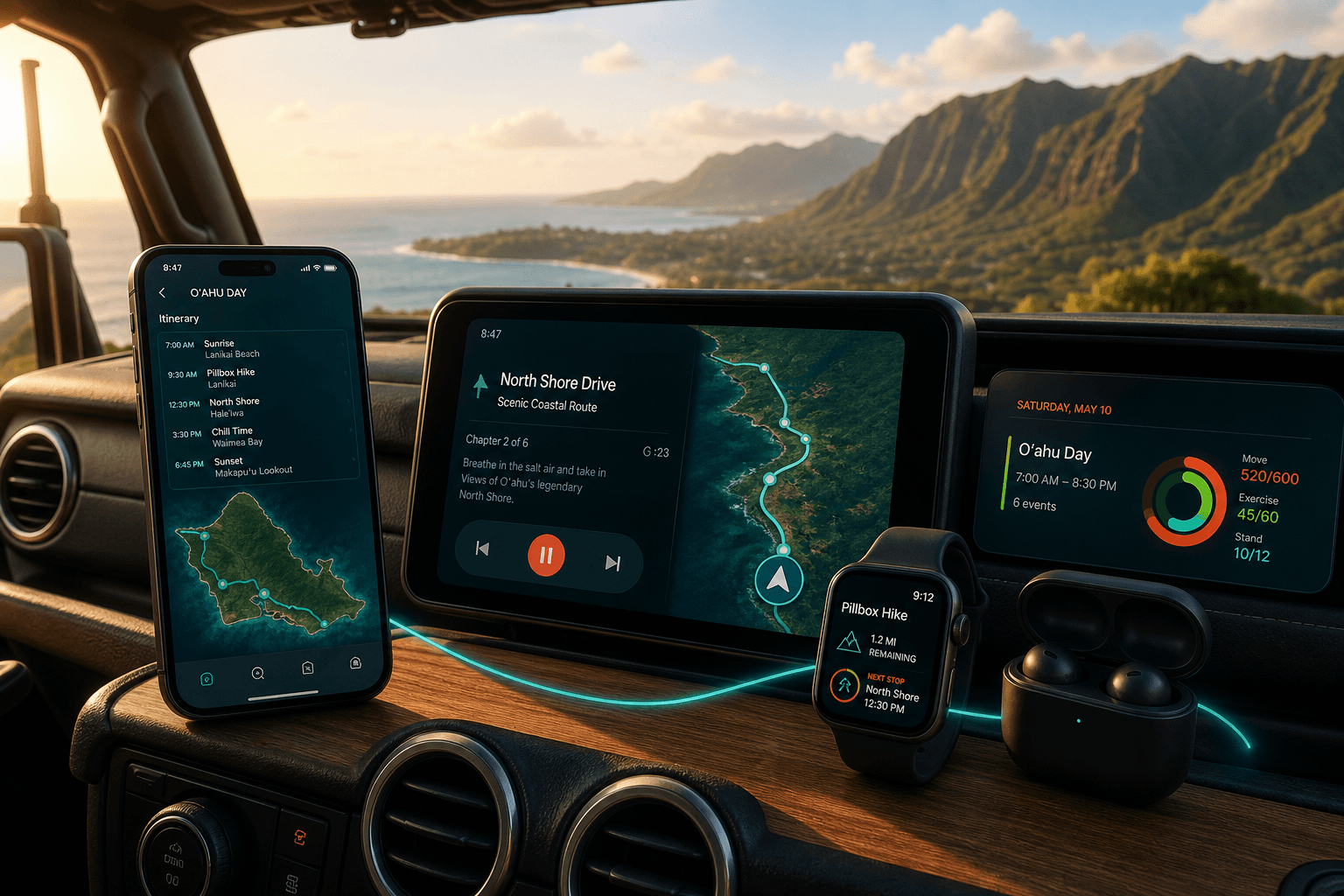Aloha Oʻahu trip moving naturally across iPhone, vehicle display, Apple Watch, and audio in a Jeep