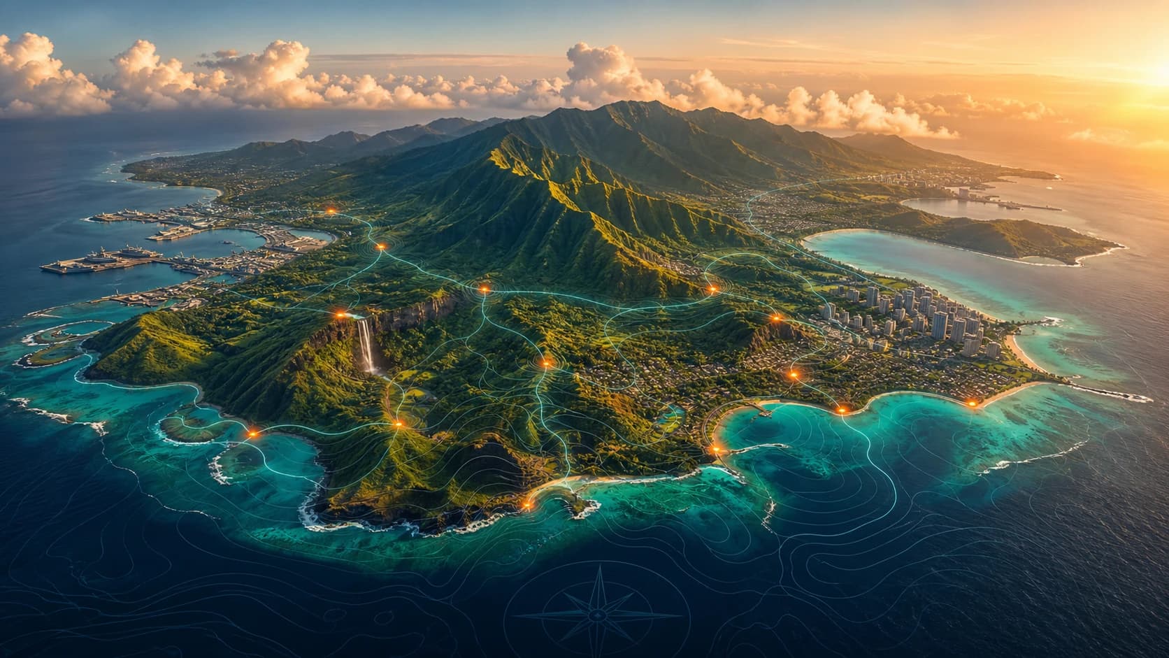 A cinematic connected Oʻahu atlas spanning mountain ridges, coastline, reefs, and island places