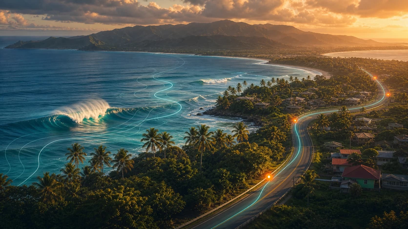 A connected North Shore road beside palms, surf, and a glowing Oʻahu sunset