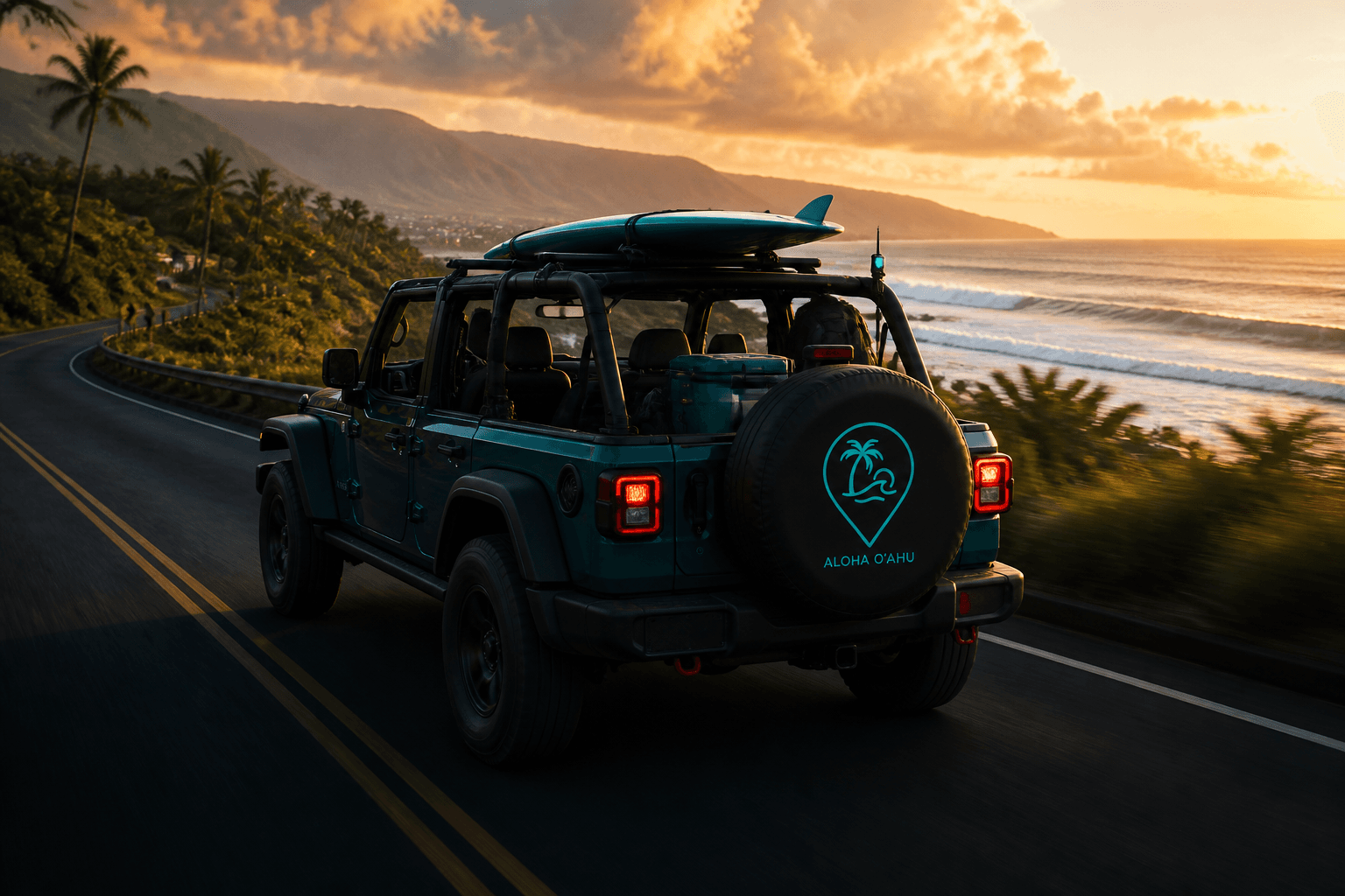 Aloha Oʻahu technology-equipped Jeep carrying a surfboard along the North Shore at sunset