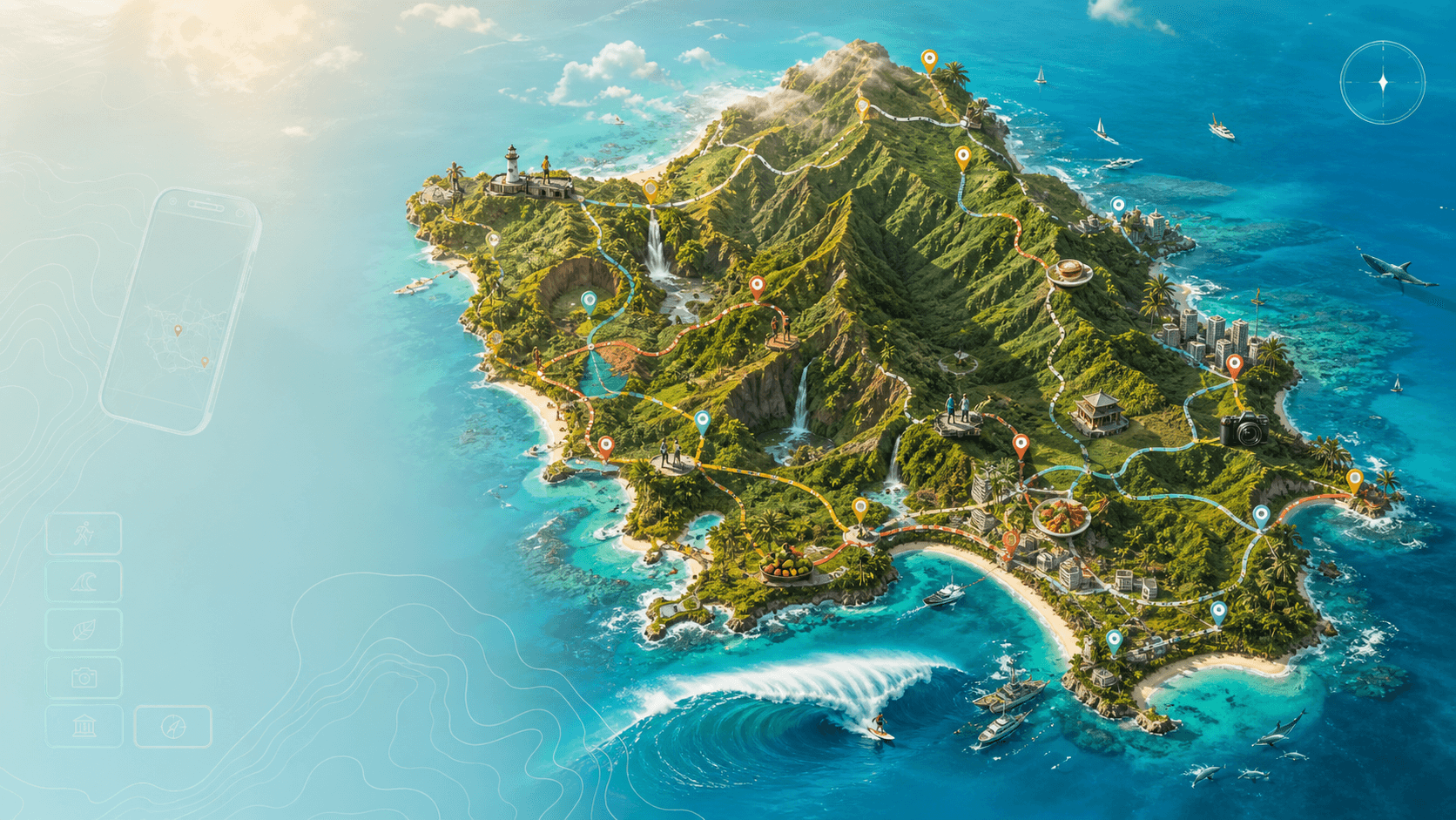 A bright living Oʻahu Atlas connecting beaches, trails, waterfalls, surf, food, culture, and island routes