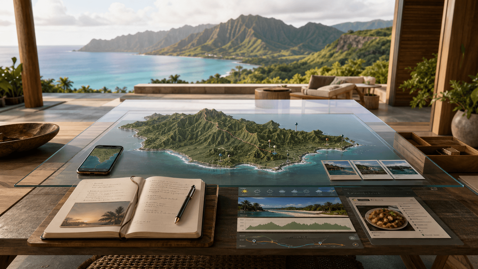 A premium glass Oʻahu map table connecting an iPhone, saved places, weather, routes, trail context, dining, and travel notes