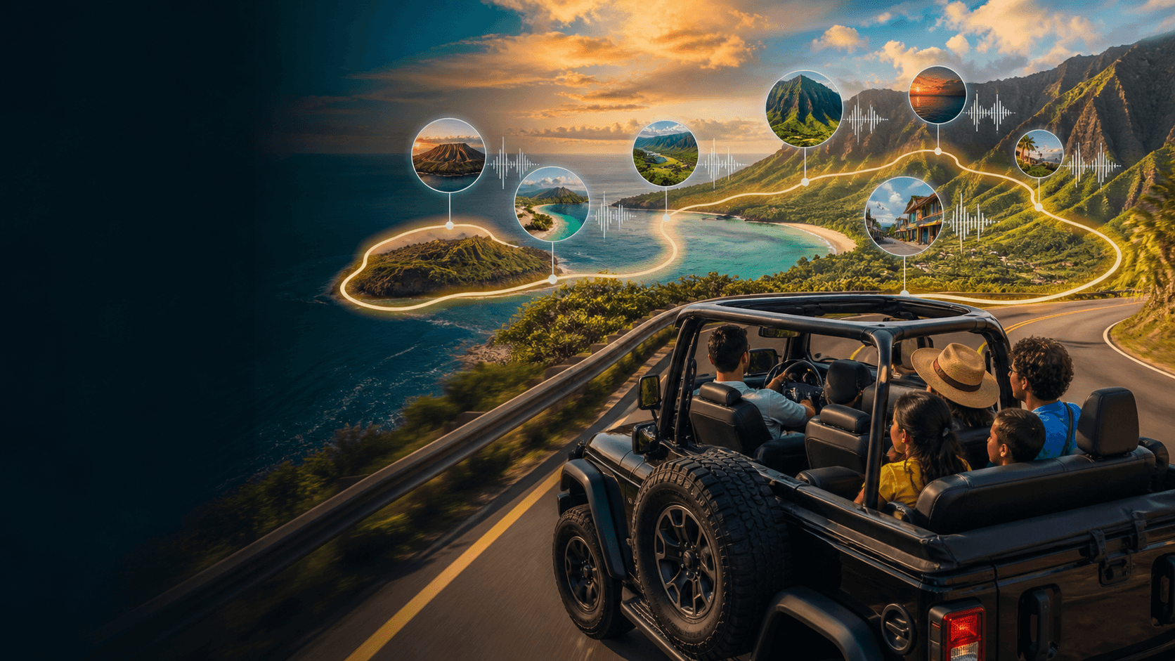 A family in an open-top Jeep following a narrated Grand Circle route around Oʻahu