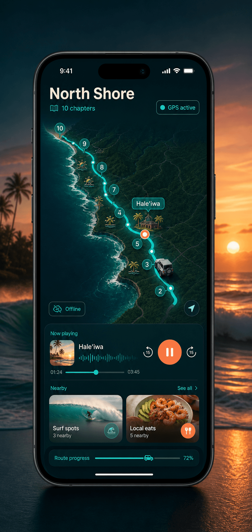 North Shore Loop 3D route map with live GPS tour controls