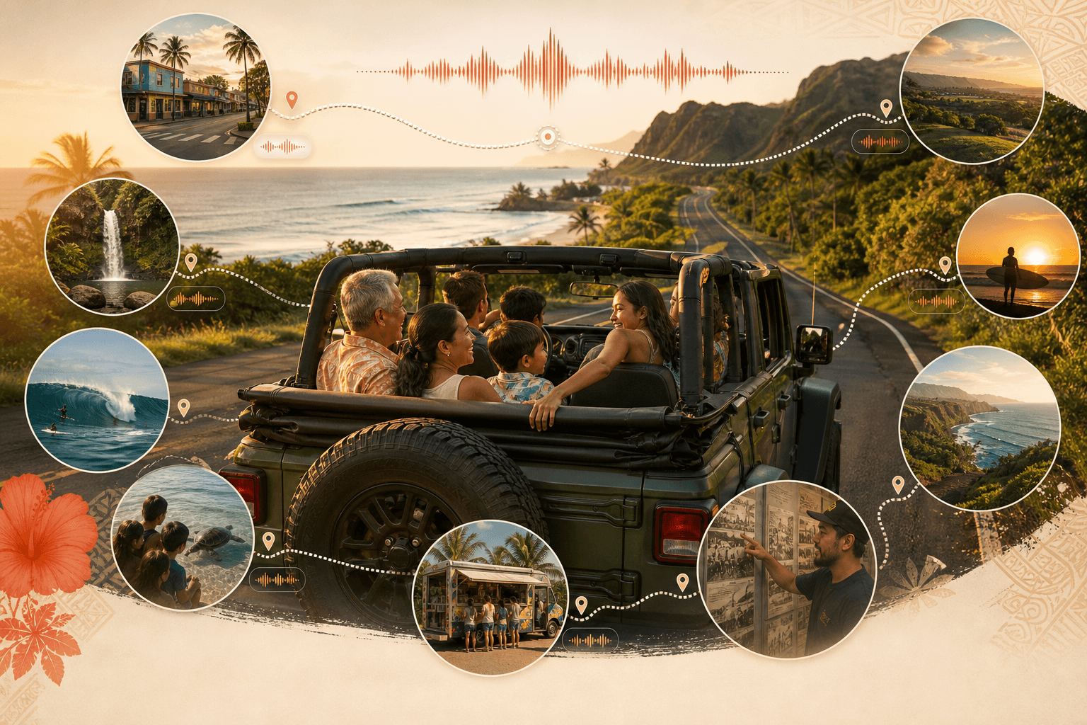 A family in an open Jeep following a connected North Shore route through Haleʻiwa, Waimea, surf breaks, food stops, history, and wildlife viewing