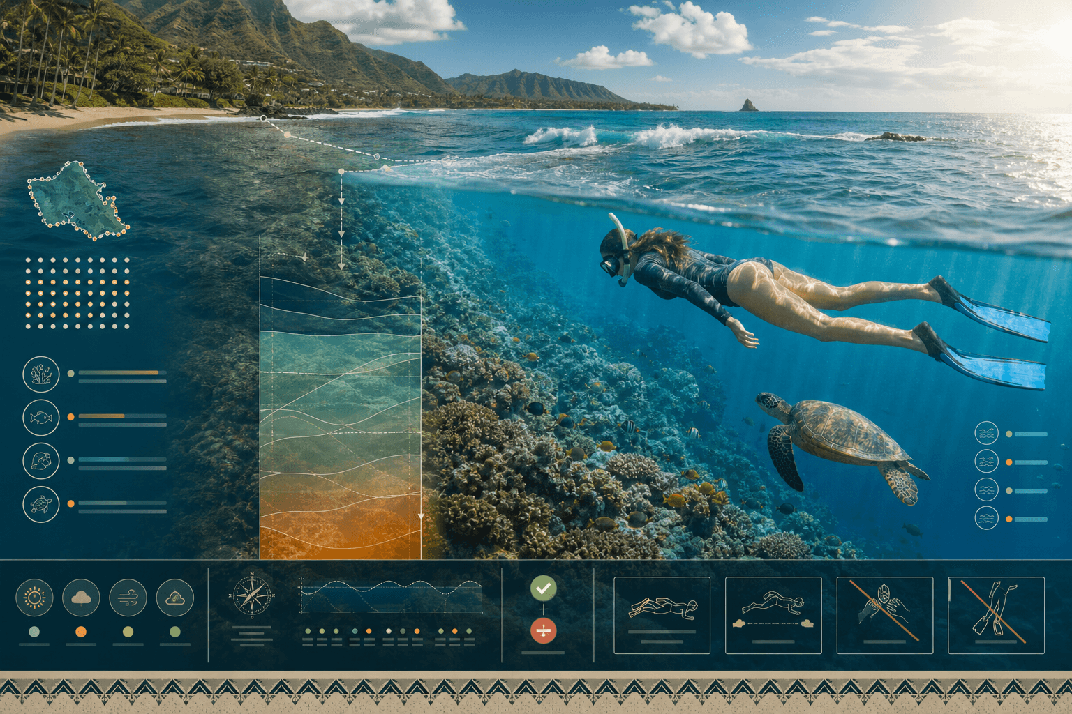A snorkeler viewing an Oʻahu reef through entry, visibility, current, habitat, wildlife, and readiness intelligence