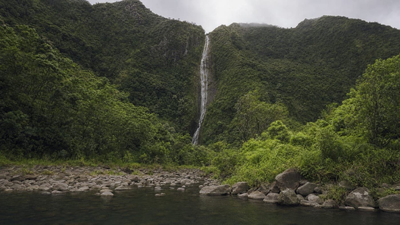 Hāmama Falls dropping through a lush valley
