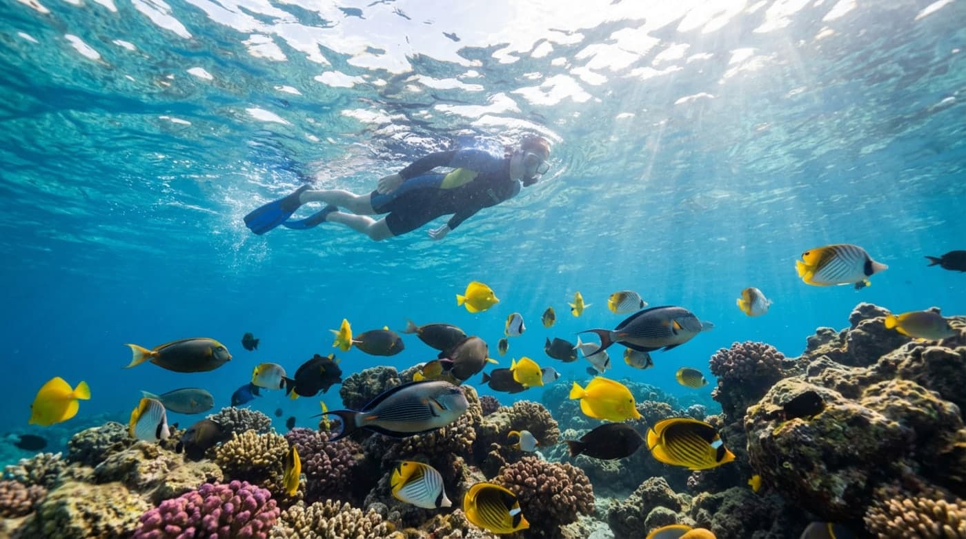 A snorkeler above a varied reef-fish community at Queen's Beach