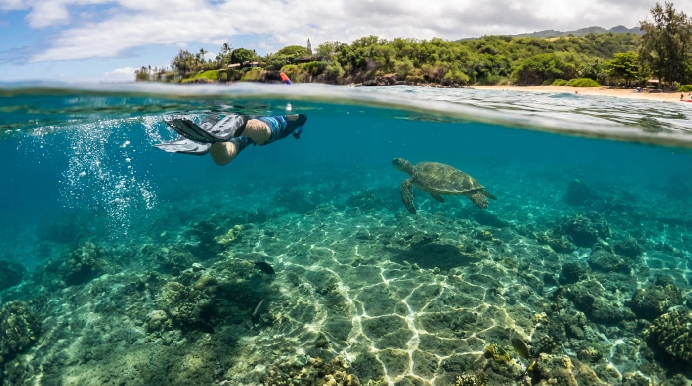 A snorkeler and sea turtle in clear water near Kaimana Beach