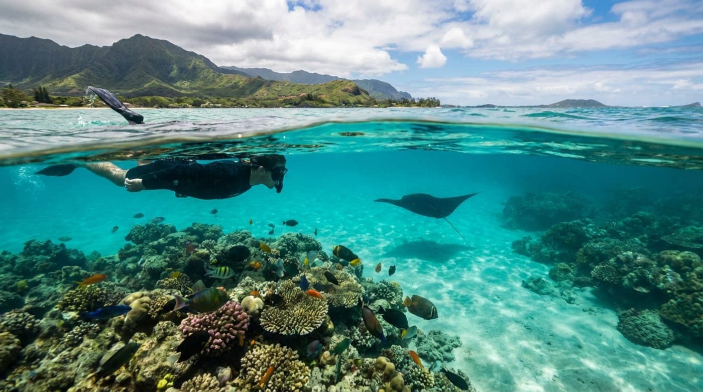 A snorkeler and ray above a reef channel in Maunalua Bay