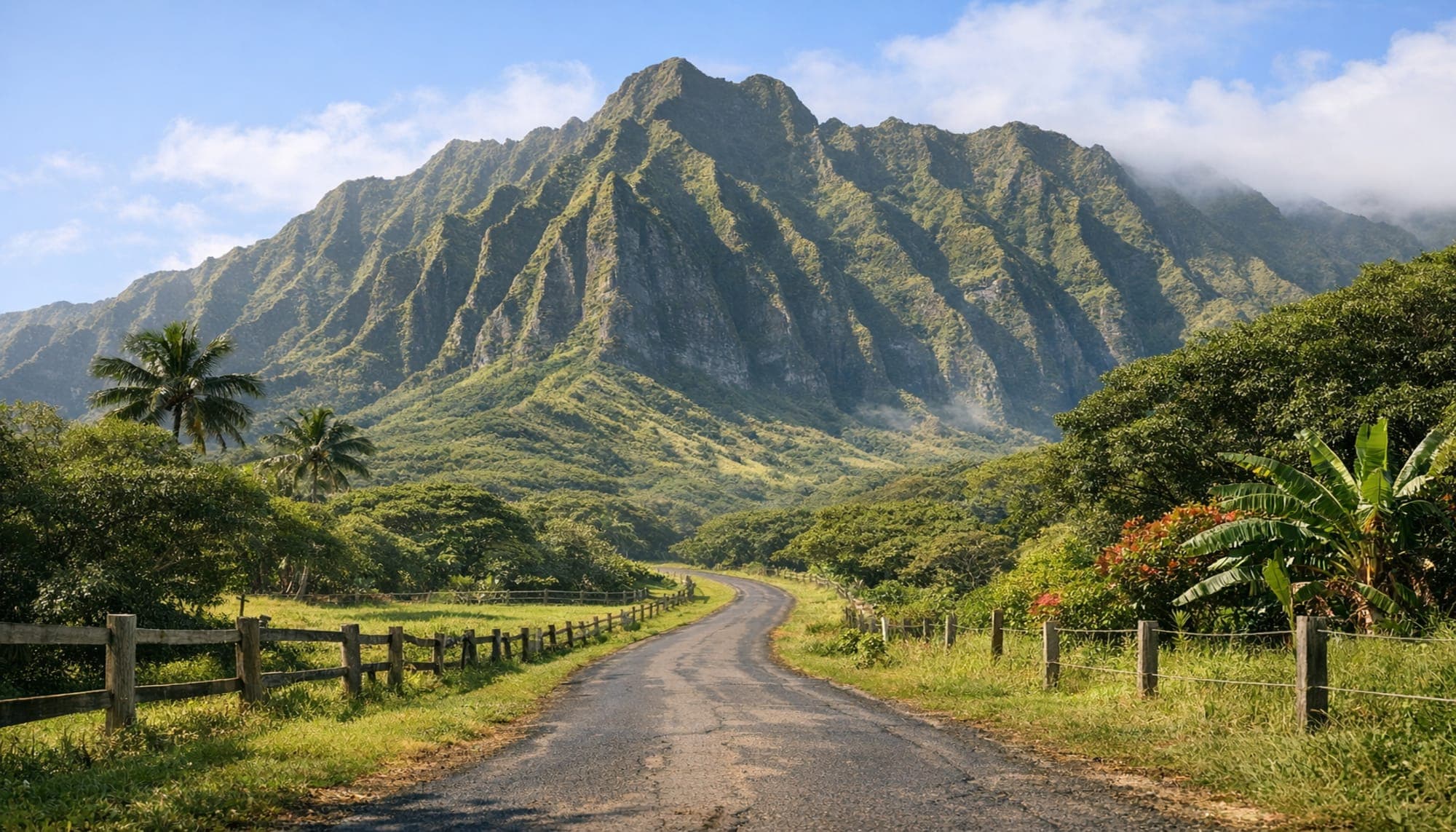 The tropical road into Kualoa Ranch beneath Oʻahu's green mountains