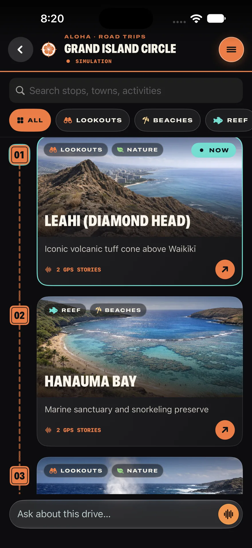 Every stop, in order